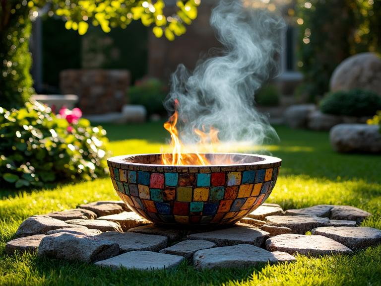 Bohemian Mosaic Firepit Fireplace in a lush garden with colorful tiles and flickering flames, surrounded by mismatched outdoor cushions, inviting gathering and storytelling in the evening air.