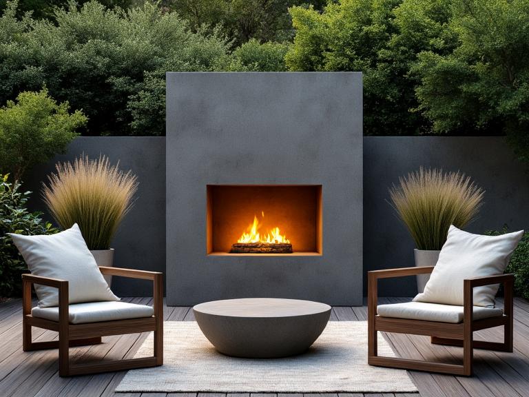 Minimalist concrete outdoor fireplace on a cozy patio surrounded by lush greenery, with soft flames casting warmth and shadows on weathered wooden decking, and simple canvas chairs arranged in a semicircle for inviting evening gatherings under the stars.