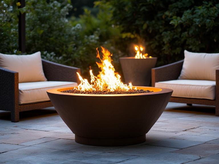 "Art Deco fire pit in elegant outdoor lounge area with geometric design on natural stone patio, flames illuminating metal and cast iron, plush cushions inviting guests, lush green plants creating intimate atmosphere."