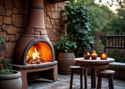 Charming chiminea-style outdoor fireplace on cobblestone patio, rustic clay surface with subtle cracks, flickering flames illuminating wooden furniture, small table with firewood, surrounded by lush greenery, creating a cozy gathering spot.