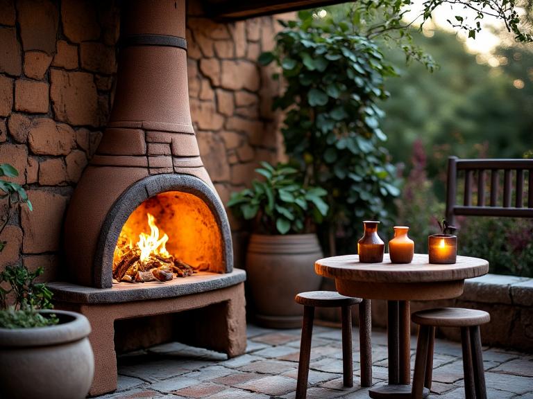 Charming chiminea-style outdoor fireplace on cobblestone patio, rustic clay surface with subtle cracks, flickering flames illuminating wooden furniture, small table with firewood, surrounded by lush greenery, creating a cozy gathering spot.