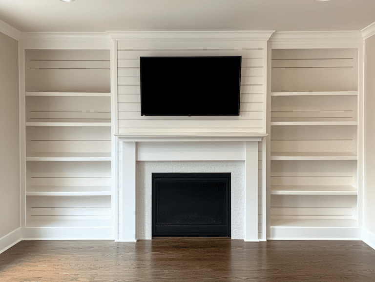 Empty living room featuring a fireplace with a TV above, shiplap walls, built-in shelves, and white oak flooring.