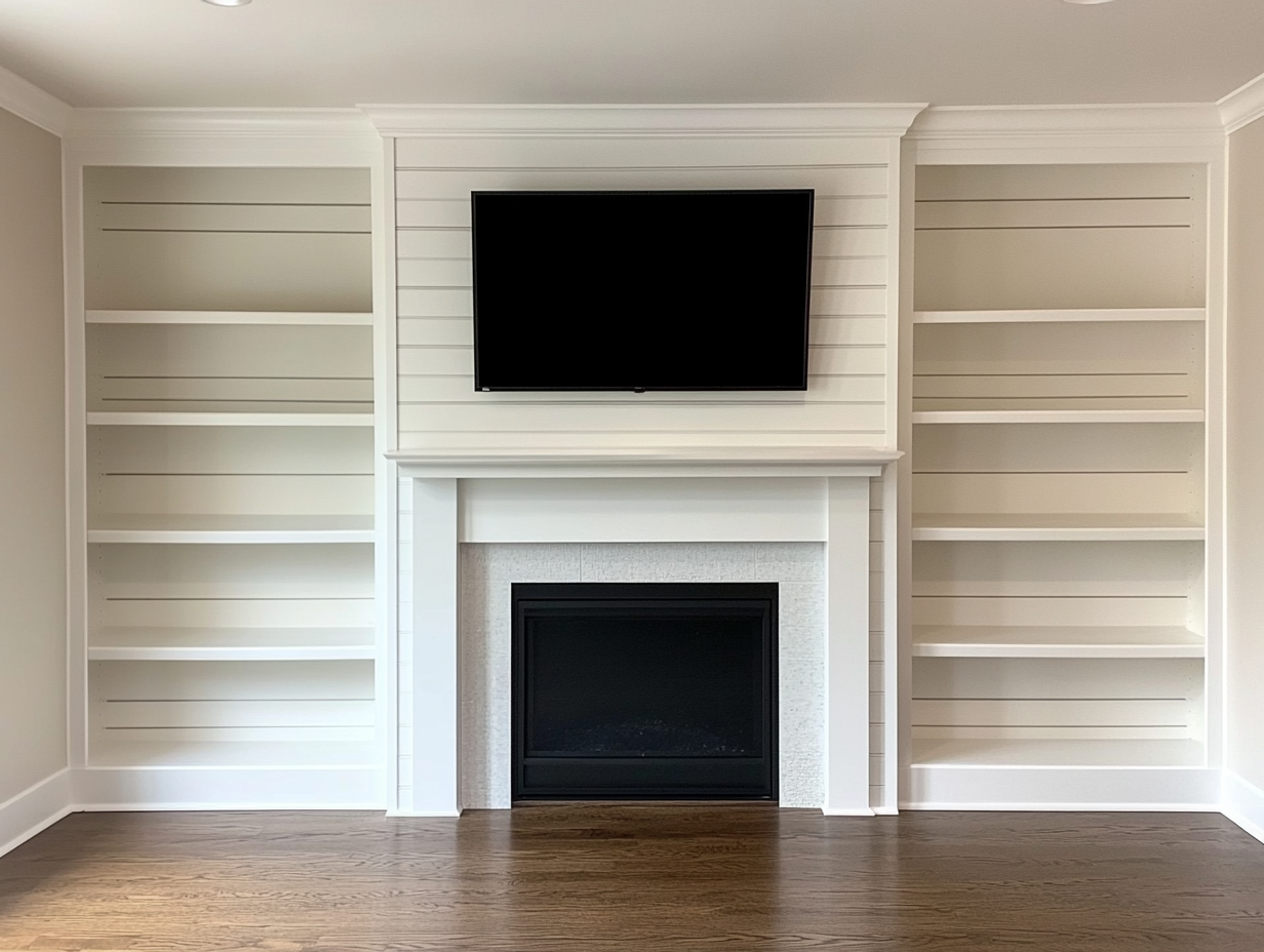 Empty living room featuring a fireplace with a TV above, shiplap walls, built-in shelves, and white oak flooring.