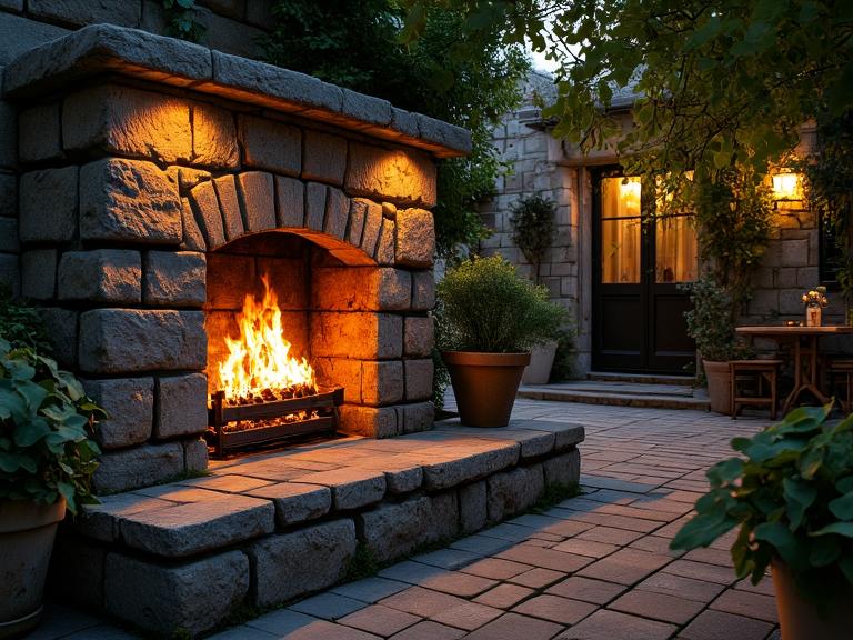 "Charming sunken patio with a recessed stone fireplace, rustic wooden seating, and potted plants, creating an intimate atmosphere for late-night conversations."