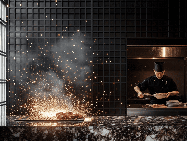 Chef grilling meat on a barbecue with sparks flying, modern kitchen featuring black grid panels and dark gray metal, open kitchen area with marble surfaces and dark wood accents, capturing traditional Japanese cooking style, high-resolution image taken with Sony Alpha camera, showcasing natural light and super detail.