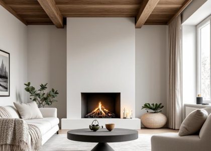 Cozy Scandinavian living room featuring a whitewashed fireplace, warm wooden beams, woven throws on an armchair, and a candle emitting a cinnamon scent, with natural light filtering through linen curtains.