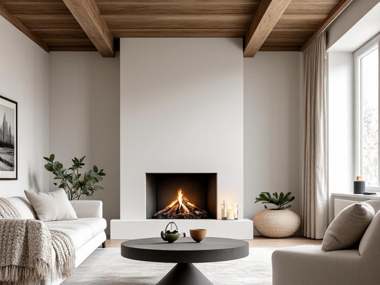 Cozy Scandinavian living room featuring a whitewashed fireplace, warm wooden beams, woven throws on an armchair, and a candle emitting a cinnamon scent, with natural light filtering through linen curtains.