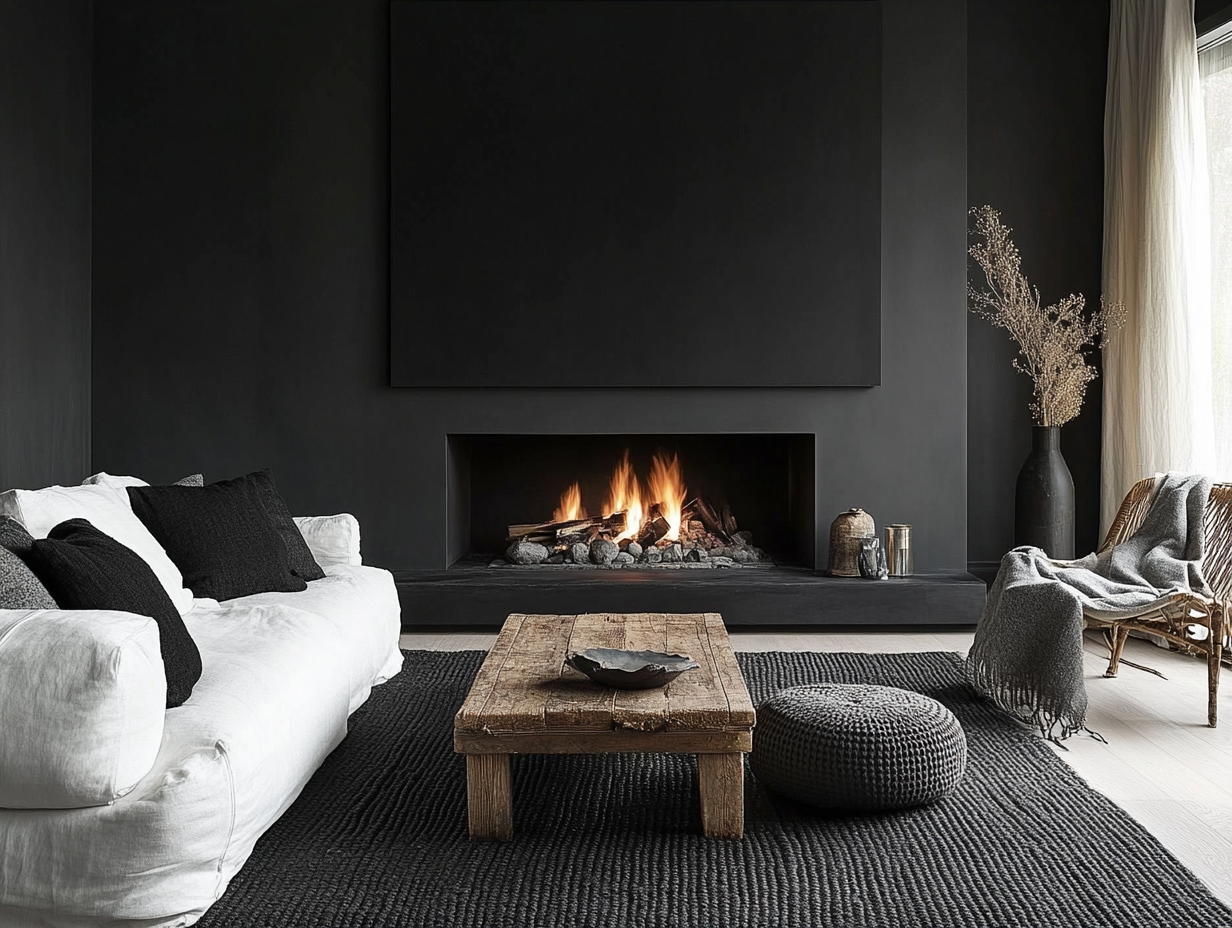 Modern Japandi living room featuring black walls, a white sofa, a wood-burning fireplace with a blank canvas above, an old wooden coffee table, a black textured rug, and a dark grey knitted ottoman, all highlighted by dark moody lighting and neutral tones in a minimalist design.