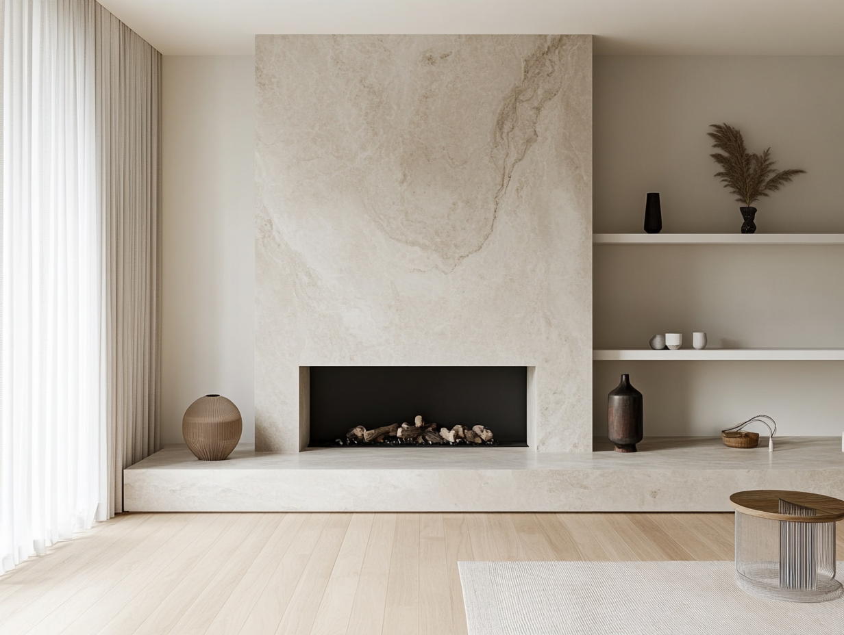 Minimalist marble fireplace with white oak floating shelves above the mantel, featuring a soft neutral color palette in a light wood floored living room, illuminated by natural light, captured in hyperrealistic art style.