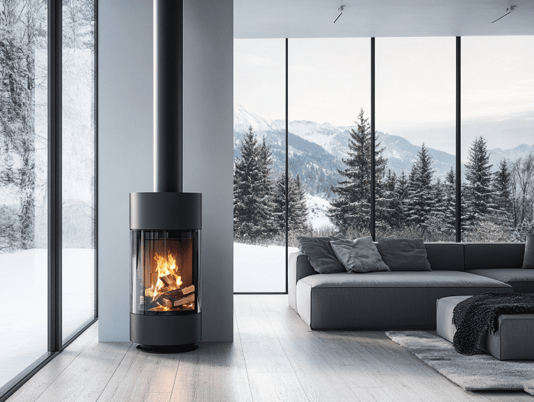 Modern minimalist wood-burning stove with a tall black chimney and burning firewood, positioned next to an elegant gray sofa in a cozy room with wooden floors. Panoramic windows showcase a winter landscape with hints of spring outside, while embers and sparks glow beneath the stove, creating a warm atmosphere.