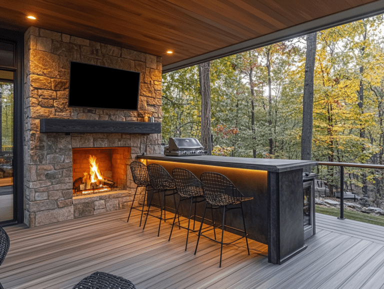 Modern farmhouse outdoor bar featuring an old stone fireplace, wall-mounted TV, black wire chairs under a covered deck, surrounded by trees, with a wooden floor, illuminated by summer natural light, captured with a Canon EOS R5 camera.