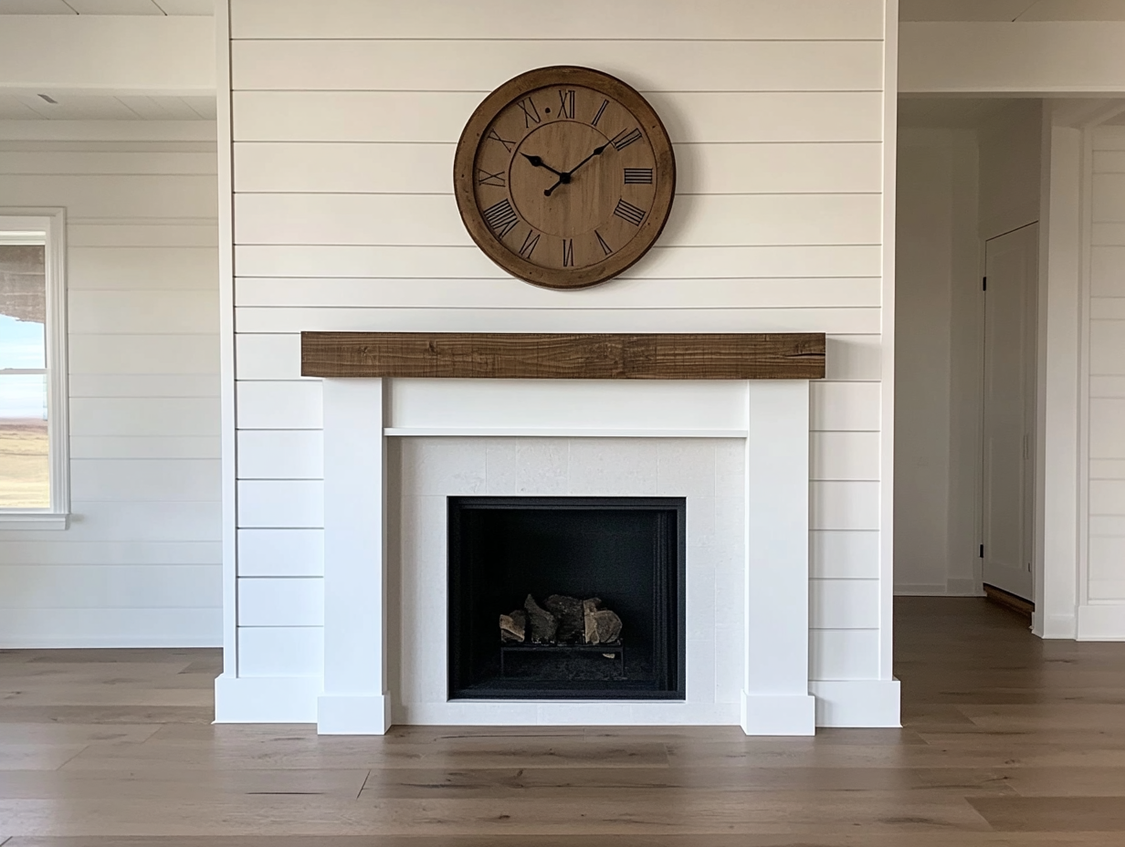 Modern farmhouse-style interior featuring a white shiplap wall and a cozy fireplace, complemented by an oak clock on a dark wood shelf with an X-pattern design, set against light wooden flooring.