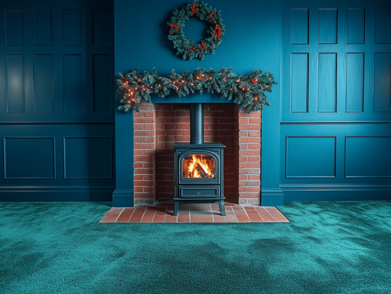 Elegant living room with dark blue walls and green carpeting featuring a modern wood stove, red brick fireplace with a wreath above the chimney, perfect for Christmas or New Year's Eve celebration, photographed with Canon EOS Cinema EOS Mark III.