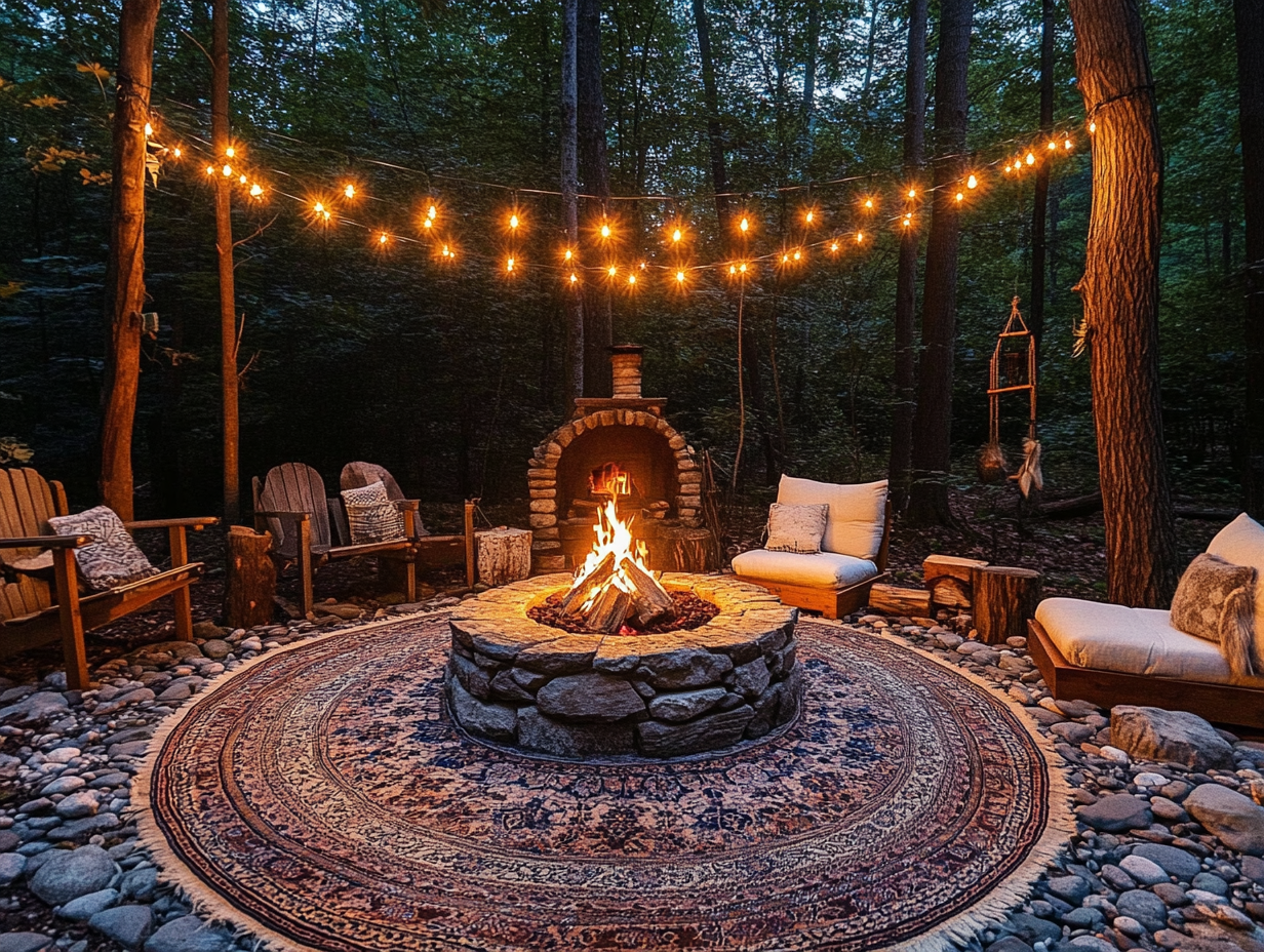 Outdoor camping space at night in the woods featuring string lights, a bohemian-patterned round rug on natural stones, an open-air fireplace surrounded by white cushions and wooden armchairs, creating a cozy and inviting atmosphere.