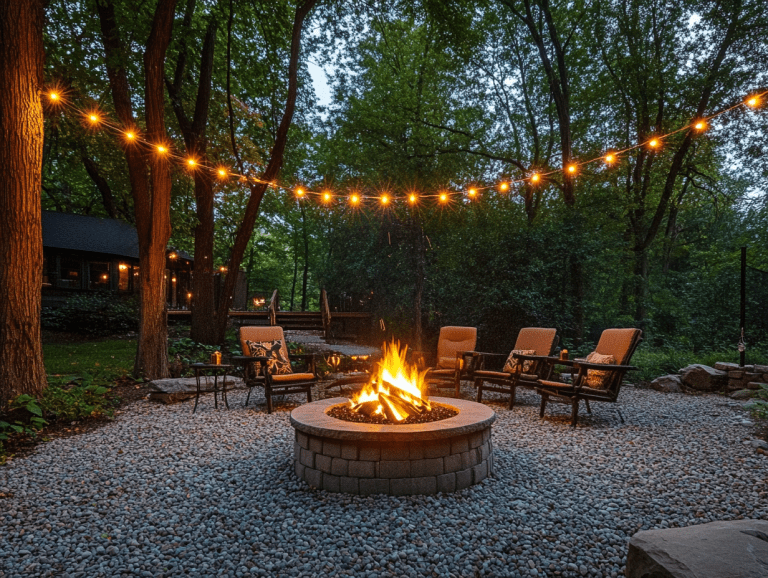 Outdoor fire pit surrounded by a pebbled yard, illuminated by string lights above a seating area, with trees in the background, creating a warm, inviting atmosphere for summer gatherings.