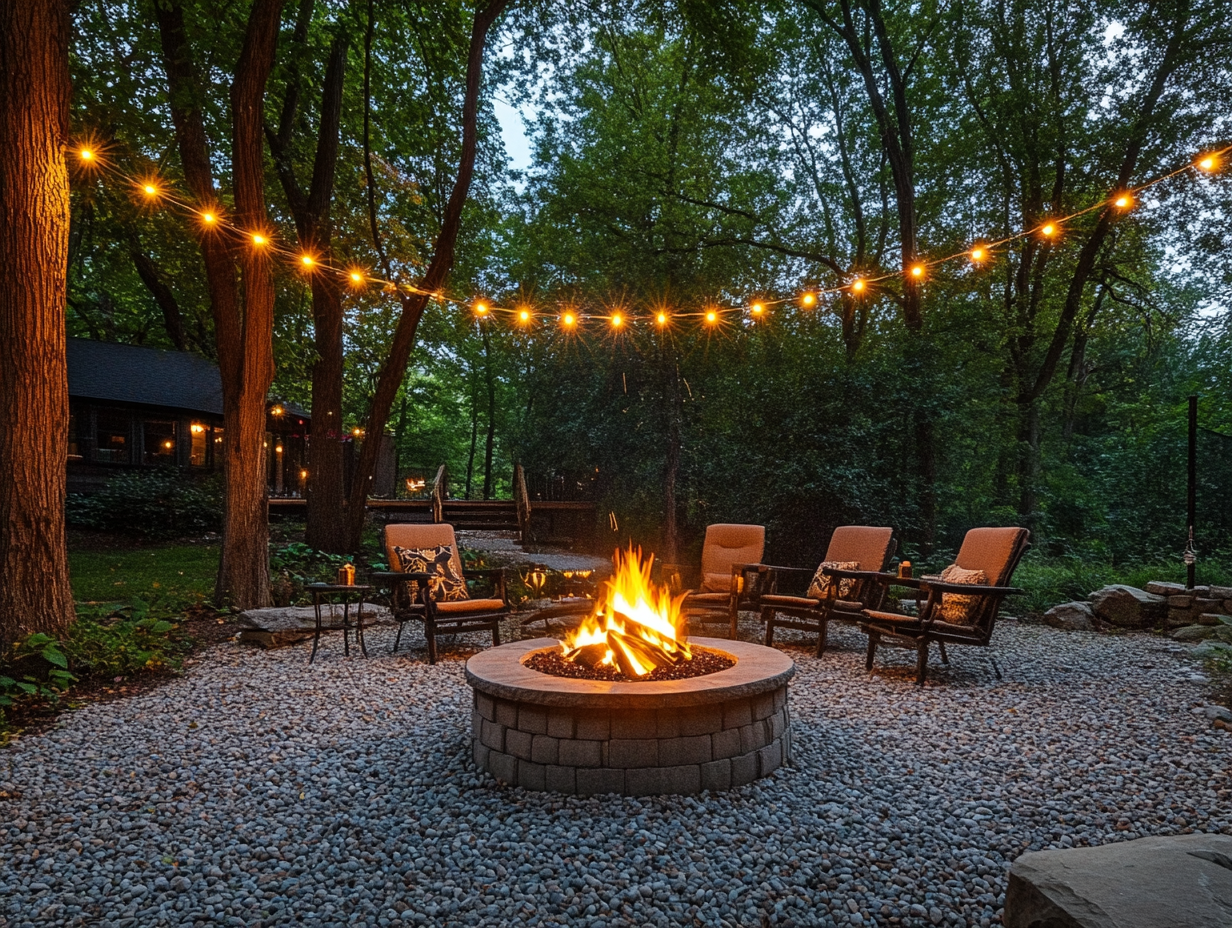 Outdoor fire pit surrounded by a pebbled yard, illuminated by string lights above a seating area, with trees in the background, creating a warm, inviting atmosphere for summer gatherings.