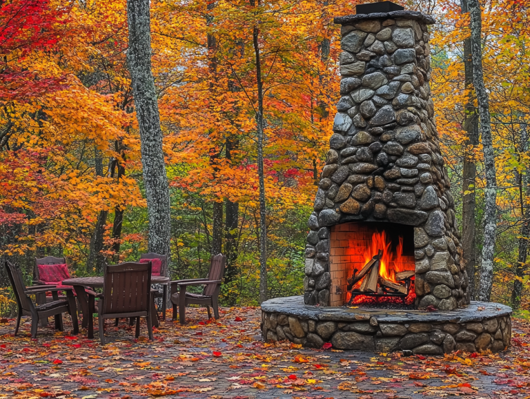 Outdoor fireplace surrounded by autumn foliage, featuring a warm stone chimney and colorful leaves, creating a cozy atmosphere for fall gatherings with seating area for enjoying the fire.