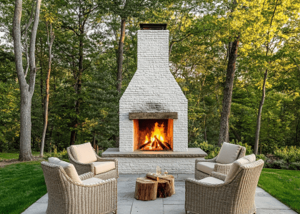 Outdoor white brick fireplace with stone chimney on patio, surrounded by lush green trees and grass; beige wicker armchairs arranged around the fire, featuring crackling flames, in a stylish Architectural Digest photography aesthetic.