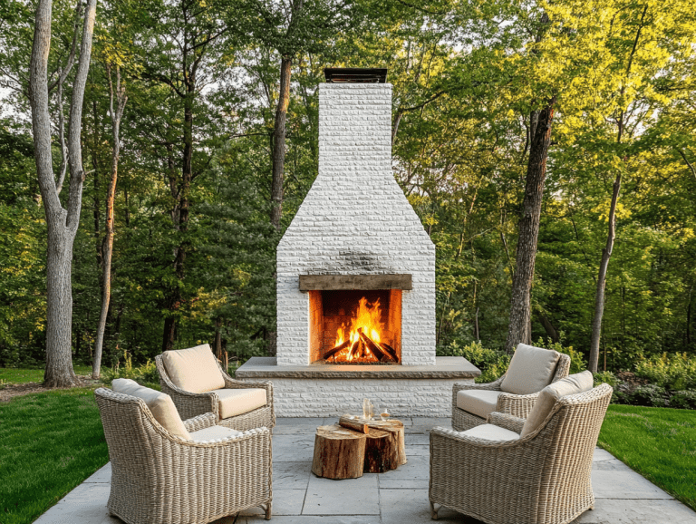 Outdoor white brick fireplace with stone chimney on patio, surrounded by lush green trees and grass; beige wicker armchairs arranged around the fire, featuring crackling flames, in a stylish Architectural Digest photography aesthetic.