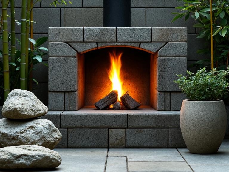 Japanese Zen outdoor fireplace in a tranquil garden, surrounded by arranged stones, lush greenery, and flickering flames illuminating a weathered stone hearth, with bamboo and potted plants, creating a serene atmosphere with the sound of flowing water from a nearby fountain.