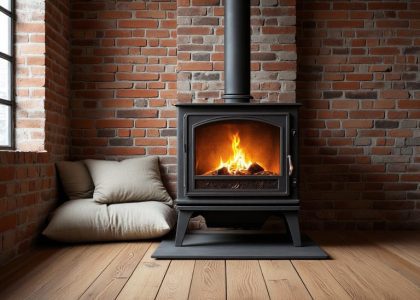 "Industrial metal pipe woodstove fireplace in an urban loft, featuring warm wooden flooring, soft flames illuminating brick walls, and scattered pillows, creating a cozy atmosphere that embodies modern living aesthetics."