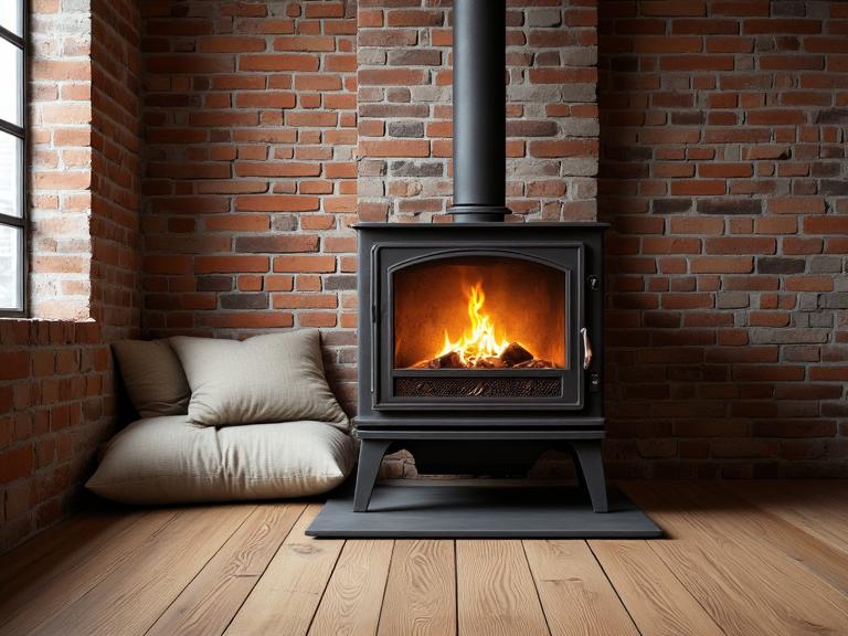 "Industrial metal pipe woodstove fireplace in an urban loft, featuring warm wooden flooring, soft flames illuminating brick walls, and scattered pillows, creating a cozy atmosphere that embodies modern living aesthetics."