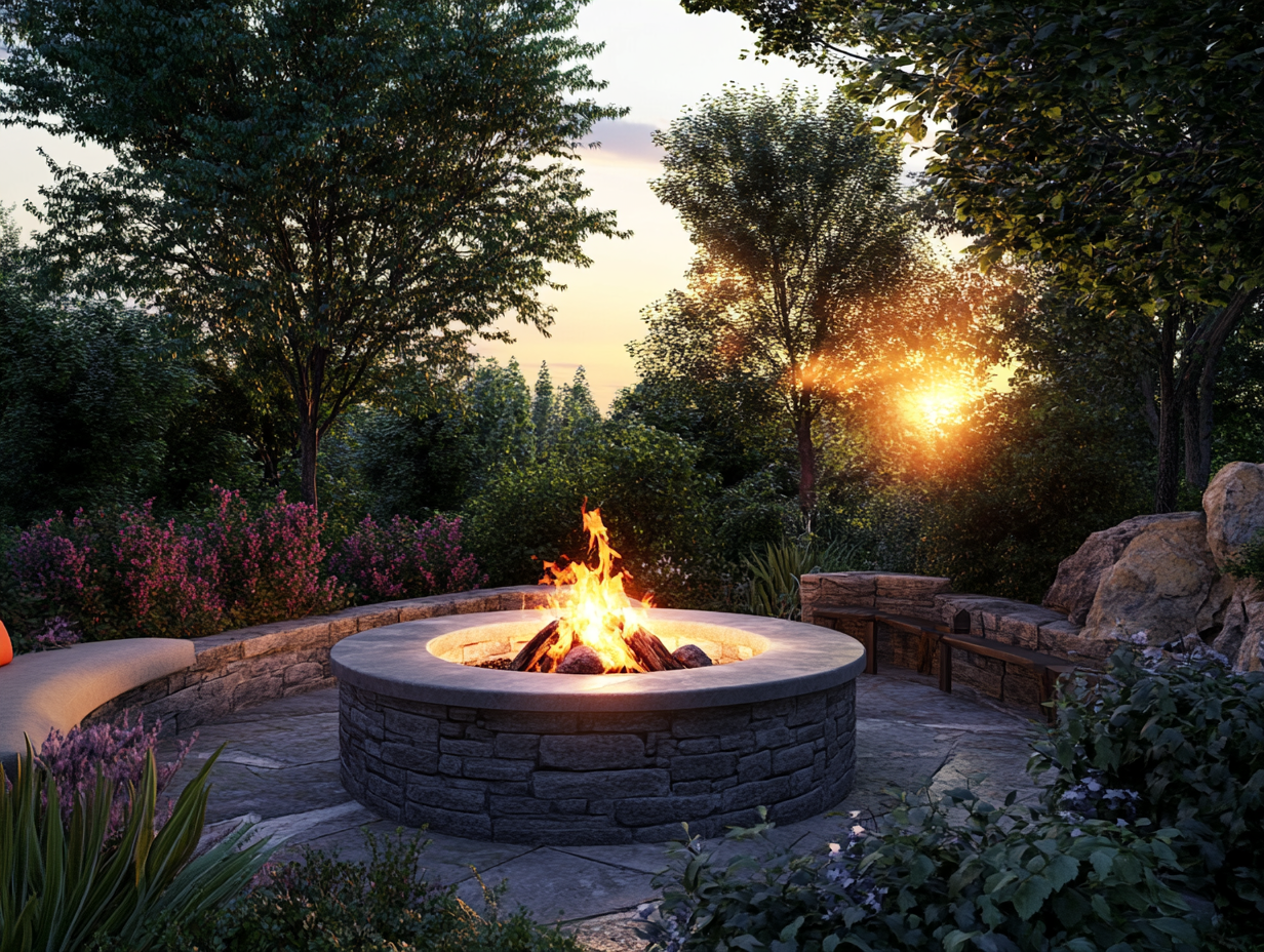 A round stone fire pit with seating surrounded by lush greenery, creating an inviting outdoor living space for socializing with family and friends while enjoying a sunset. The warm glow of the bonfire illuminates the scene, capturing a joyous moment in nature.