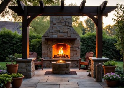 "Outdoor fireplace integrated with pergola in a charming backyard, featuring rustic stone structure, warm orange flames, shaded wooden beams, potted plants, mismatched chairs, and a cozy atmosphere during sunset."