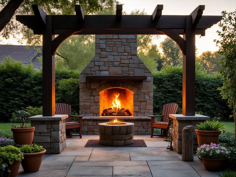 "Outdoor fireplace integrated with pergola in a charming backyard, featuring rustic stone structure, warm orange flames, shaded wooden beams, potted plants, mismatched chairs, and a cozy atmosphere during sunset."