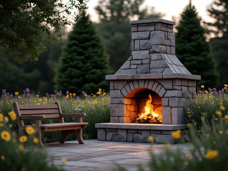 "Rustic stone outdoor fireplace in expansive backyard surrounded by wildflowers and tall grass, flames flickering warmly, weathered wooden bench nearby, inviting atmosphere for cozy gatherings under the stars."