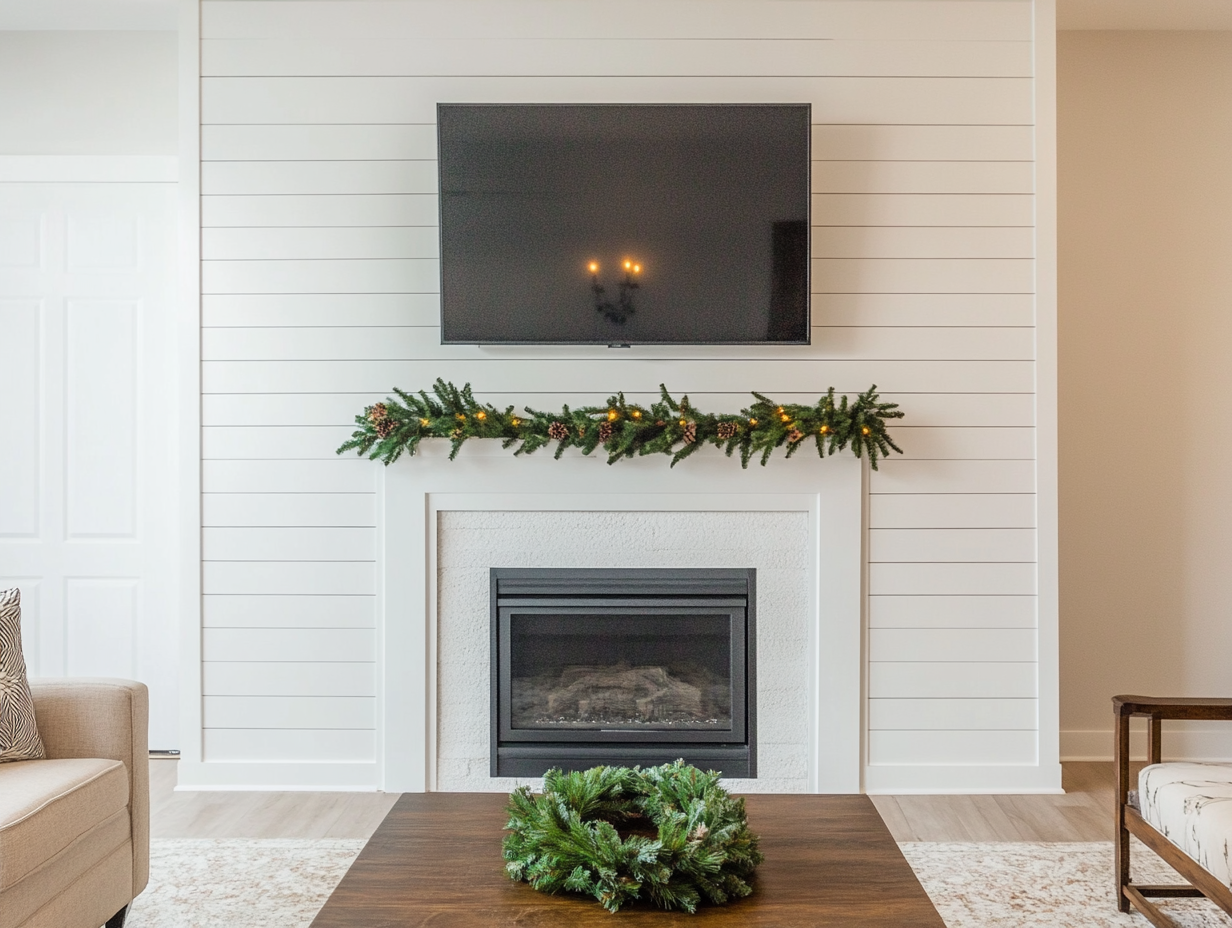 "Cozy family living room featuring a clean white shiplap wall with a gas fireplace and TV, adorned with an indoor greenery wreath for Christmas, a coffee table, and carpet flooring, captured at eye level with a Canon EOS camera using a 50mm lens."