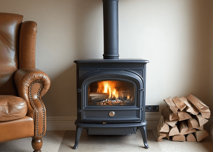 "Cozy interior featuring a traditional gas fireplace with a sleek black metal design, emitting a warm glow, set against a light background, enhancing the old-world charm of the room."