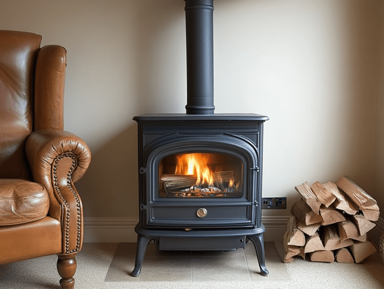 "Cozy interior featuring a traditional gas fireplace with a sleek black metal design, emitting a warm glow, set against a light background, enhancing the old-world charm of the room."