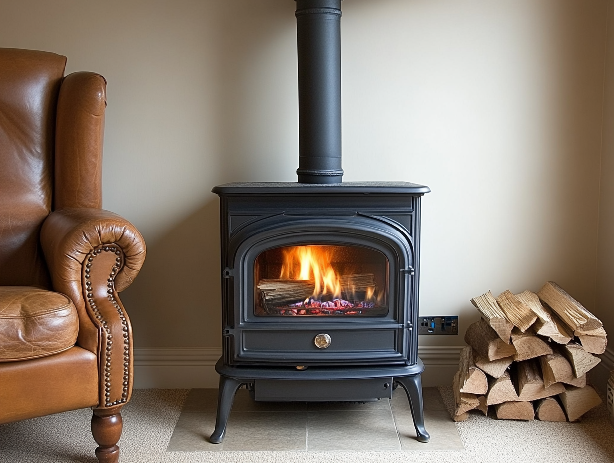 "Cozy interior featuring a traditional gas fireplace with a sleek black metal design, emitting a warm glow, set against a light background, enhancing the old-world charm of the room."