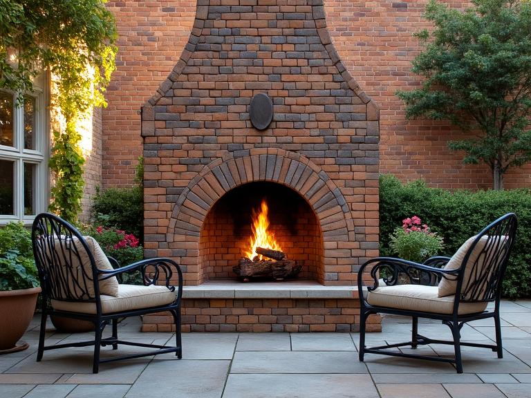 Tudor brick outdoor fireplace on a stone patio with crackling fire, aged bricks, wrought-iron furniture, and fragrant herbs, illuminated by late afternoon sun.