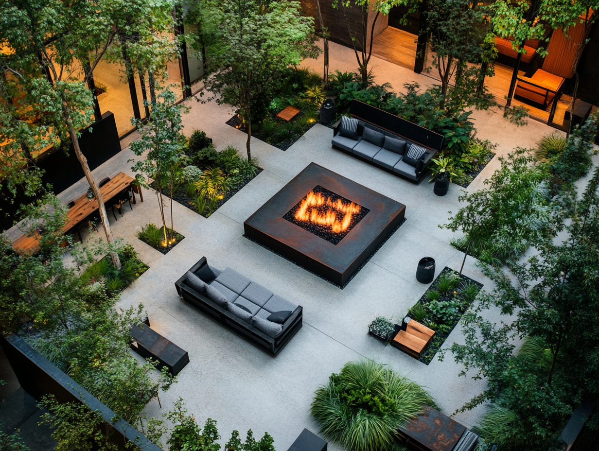 Aerial view of an urban courtyard garden showcasing modern minimalist seating areas with two large black metal rectangular rusted steel fire tables at the center, surrounded by outdoor sofas, lush greenery, concrete flooring, and dynamic lighting.