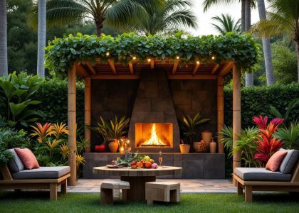 Tropical bamboo barbecue fireplace in a lush garden surrounded by palm trees and vibrant flowers, with flickering flames in a stone hearth, soft warm light on grassy ground, and a rustic wooden table adorned with fresh fruits and drinks, creating a cozy island-inspired gathering space.