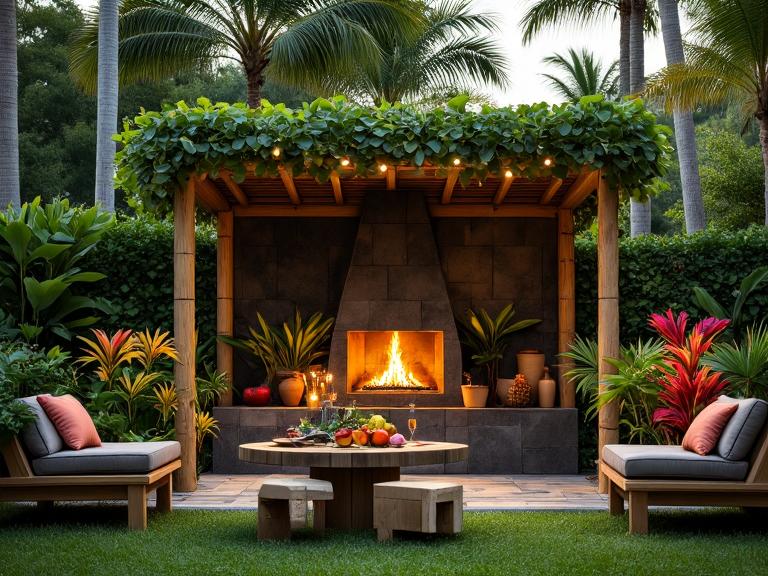 Tropical bamboo barbecue fireplace in a lush garden surrounded by palm trees and vibrant flowers, with flickering flames in a stone hearth, soft warm light on grassy ground, and a rustic wooden table adorned with fresh fruits and drinks, creating a cozy island-inspired gathering space.