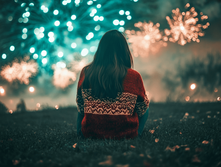 A woman in a red oversized sweater sits on the grass, watching colorful fireworks illuminate the night sky, captured from behind in a dreamy blue color palette with soft natural lighting.