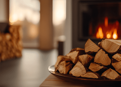 Wood stove with crackling flames and a pile of neatly stacked firewood in front, set in a Scandinavian minimalist interior, showcasing warm golden hour lighting and rustic charm of natural materials.
