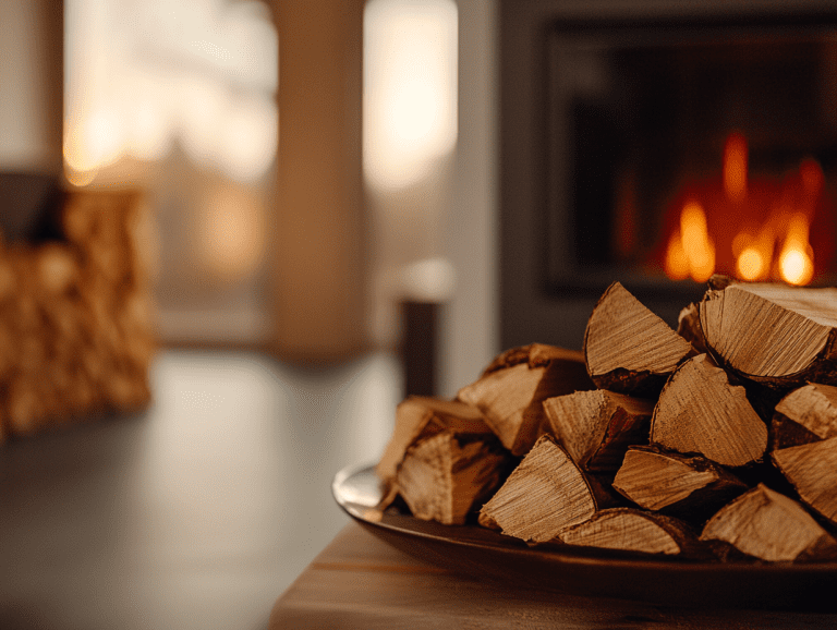 Wood stove with crackling flames and a pile of neatly stacked firewood in front, set in a Scandinavian minimalist interior, showcasing warm golden hour lighting and rustic charm of natural materials.