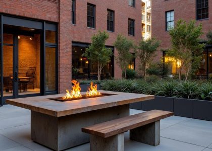 Industrial steel outdoor fireplace in urban courtyard with weathered surface and vibrant flames, surrounded by reclaimed wooden benches, casting flickering shadows on exposed brick walls during sunset.