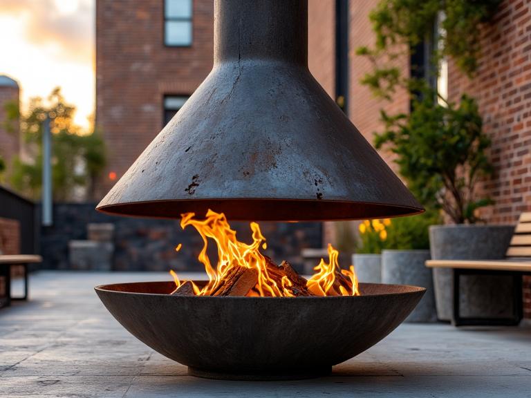 "Industrial steel outdoor fireplace in urban courtyard with weathered surface and vibrant flames, surrounded by reclaimed wooden benches, casting flickering shadows on exposed brick walls at sunset."