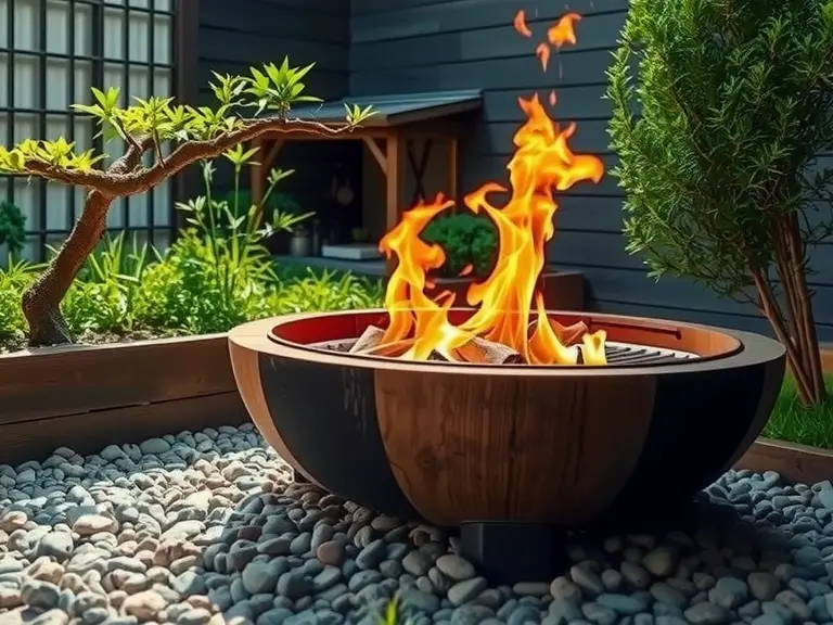 Japanese Zen outdoor barbecue on smooth pebbles surrounded by bamboo, with wood-fired grill glowing, flames dancing, illuminating bonsai trees and lush greenery, amidst the aroma of smoke and jasmine.