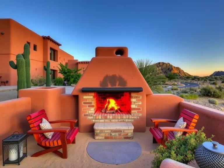 Southwestern adobe outdoor barbecue under desert sky with earthy clay structure, wood-fueled pit, rustic wooden seating, and warm evening ambiance.