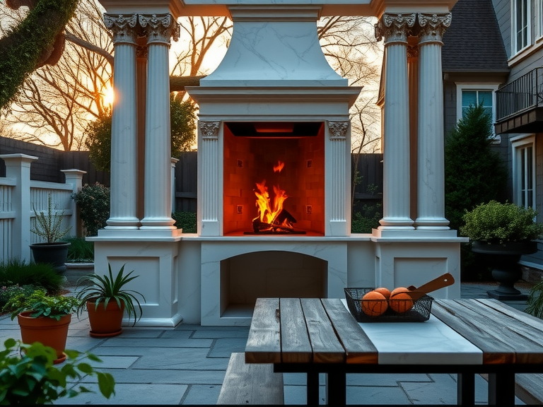 Grand neoclassical marble barbecue in a sun-drenched backyard, framed by towering columns, with a rustic stone patio, flickering wood-fueled flames, lush greenery, scattered potted herbs, and a weathered wooden table, creating an inviting atmosphere for outdoor feasts at sunset.