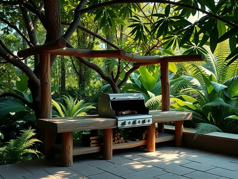 Rustic outdoor barbecue under tropical jungle canopy surrounded by vibrant green ferns and crackling logs, with sunlight filtering through leaves and casting shadows on uneven stone floor, creating an inviting atmosphere for leisurely meals with friends.