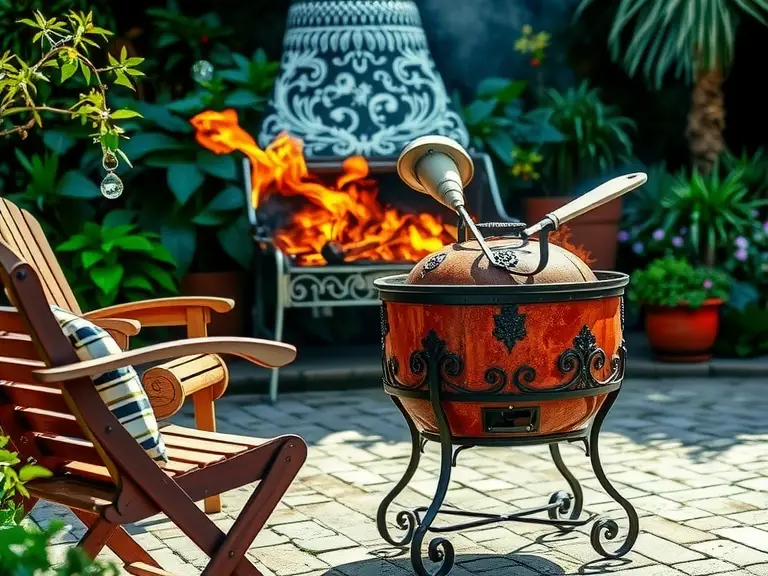 Elegant Victorian wrought iron outdoor barbecue on a cobblestone patio, with intricate patterns reflecting sunlight, flames crackling softly, illuminating greenery, surrounded by inviting wooden garden furniture, and a charming, soot-kissed finish.