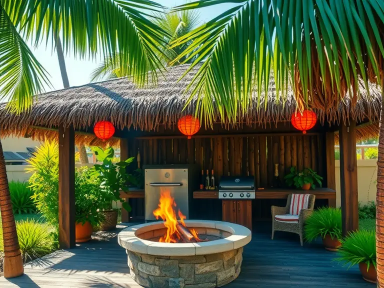 "Tropical tiki barbecue under a palm-thatched roof in a vibrant island garden, featuring a weathered wooden structure adorned with colorful lanterns, a cozy stone fire pit with flickering flames, surrounded by lush greenery and the aroma of grilled delights."