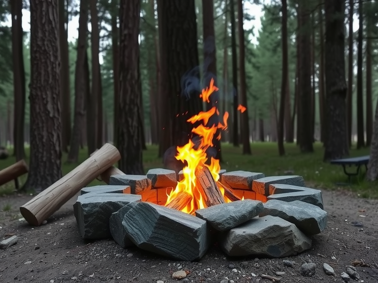 Rustic stone camping fire pit surrounded by towering pine trees, featuring a lively flame, soot-darkened rocks, and logs arranged for gathering, creating a cozy atmosphere for storytelling and s'mores under a starlit sky in a forest clearing.